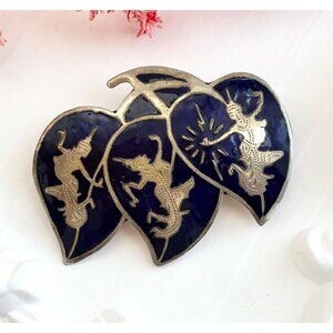 Blue Enamel Triple Leaf Ramasoon & Mekkala Siam Sterling Silver Vintage Brooch